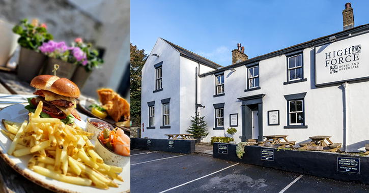 Outdoor area of High Force Hotel and plate of food with burger and chips